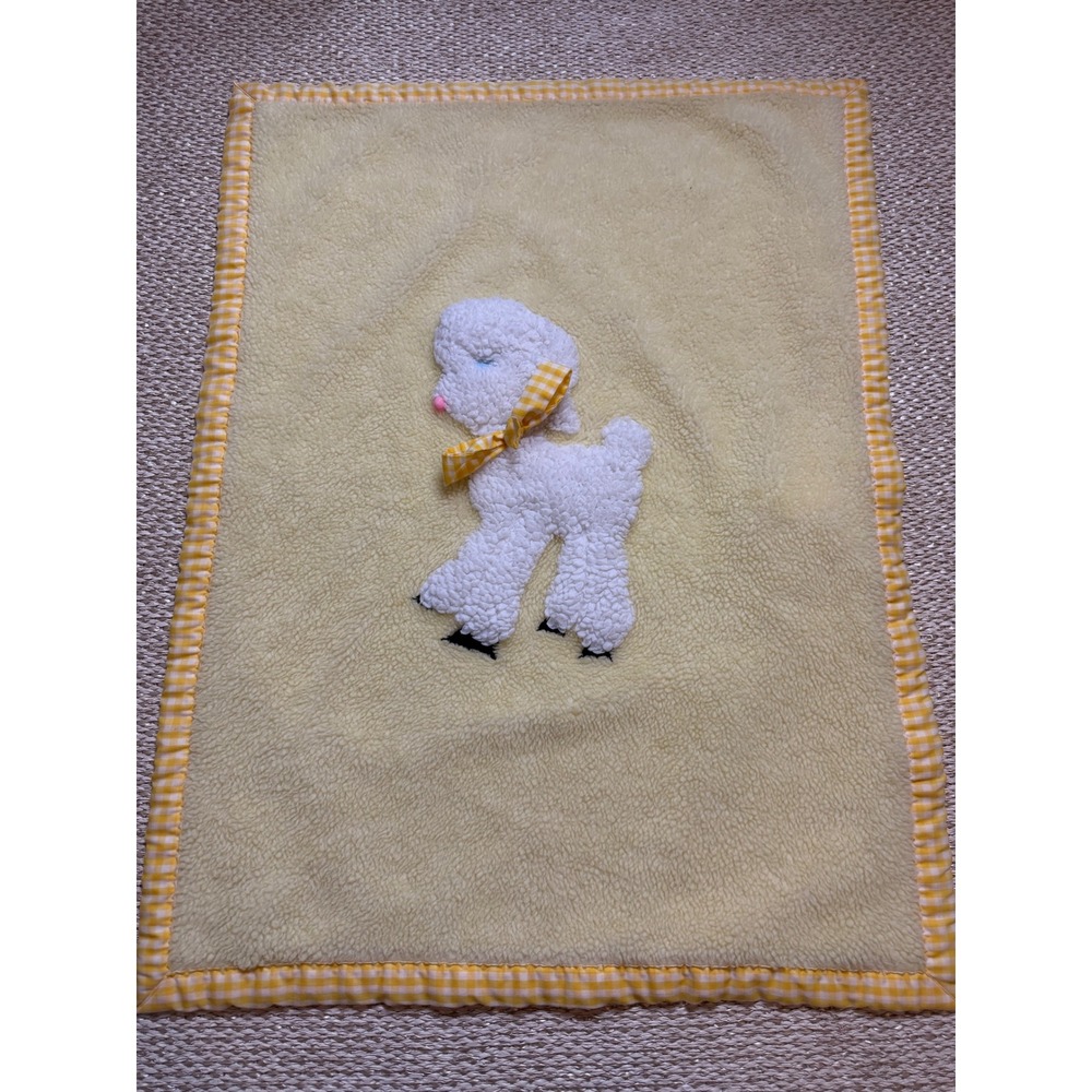 Vintage Yellow Baby Blanket Lamb‎ Applique Gingham Trim nursery quilt bedding
